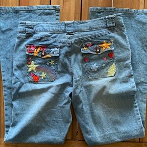 RT 66 wide leg 60’s retro embroidered, rhinestone light blue jeans 16 girls